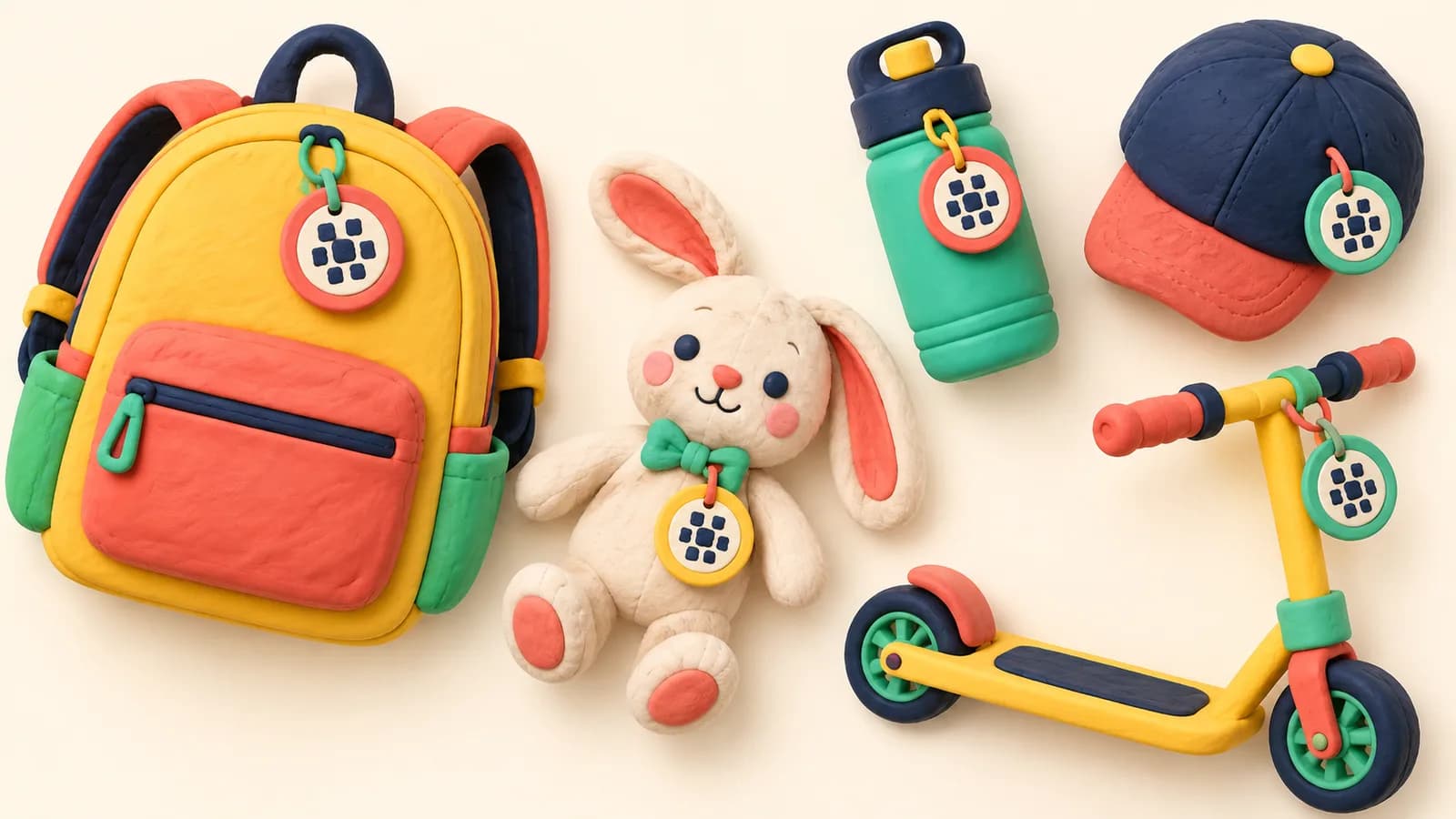 The Lostoo mascot surrounded by a labeled backpack, water bottle and plush toy