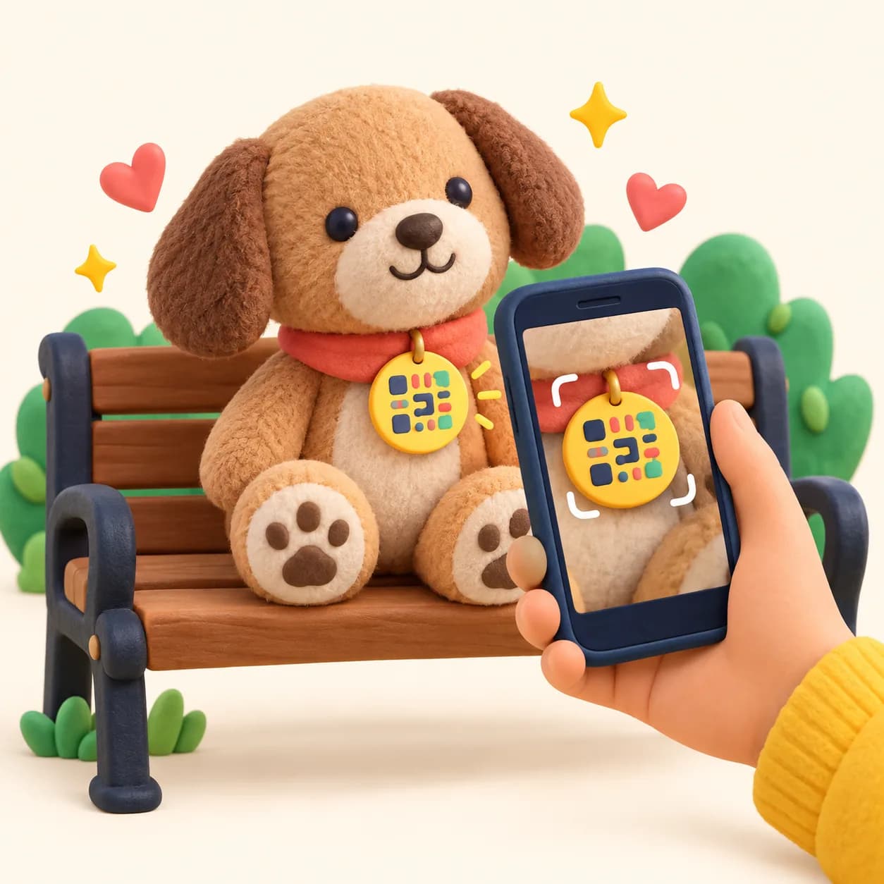 A hand scanning a label stuck on a plush toy